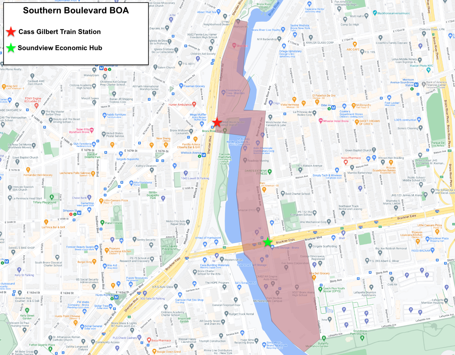 Map of the Southern Boulevard Brownfield Opportunity Area along the Bronx River